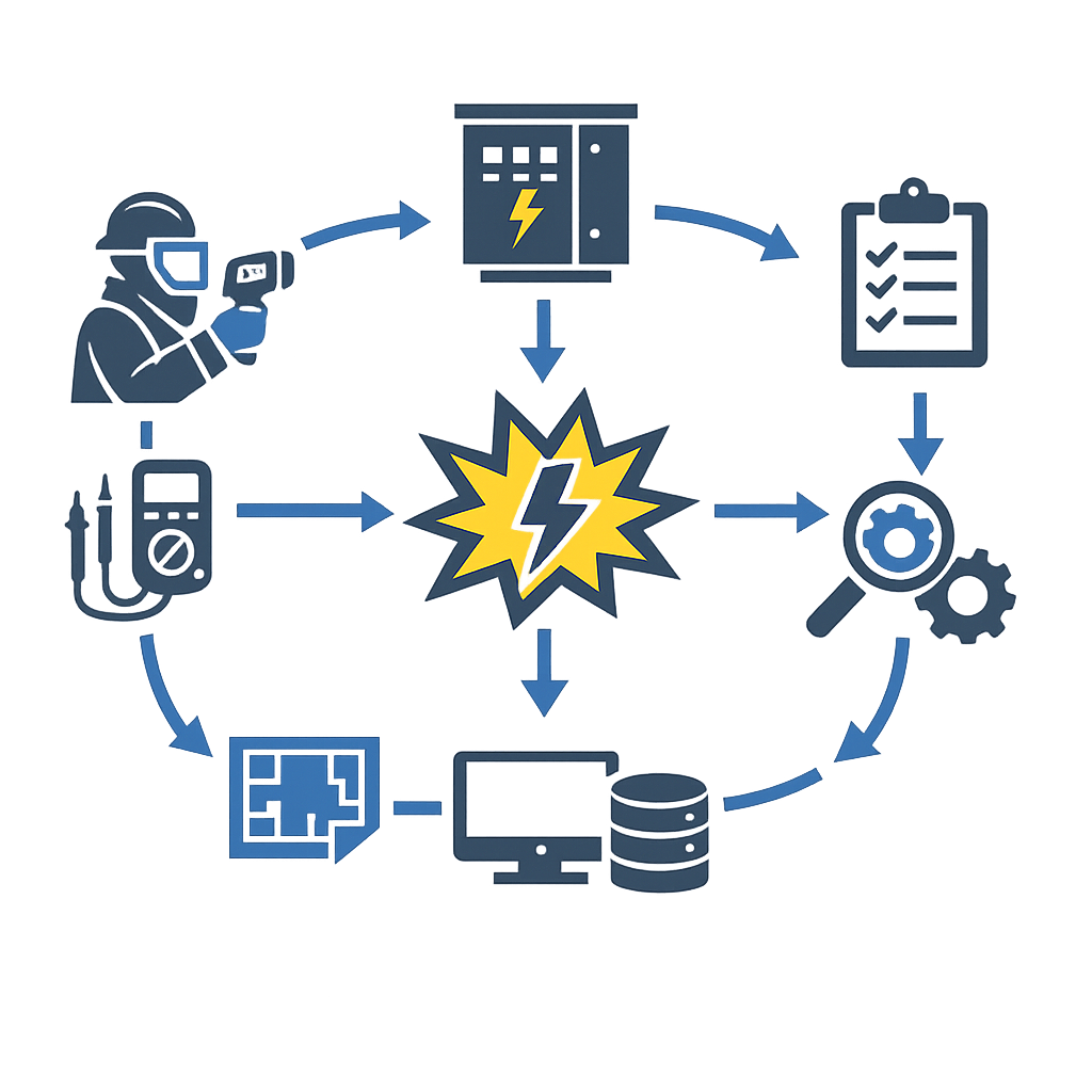 Clean technical diagram showing arc-flash assessment workflow and data collection process