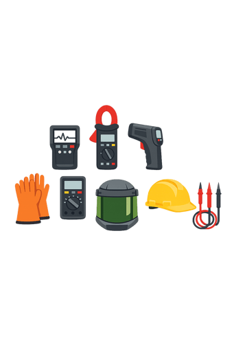 Clean technical diagram showing arc-flash assessment equipment and safety measurement tools Clean technical diagram showing arc-flash assessment equipment and safety measurement tools