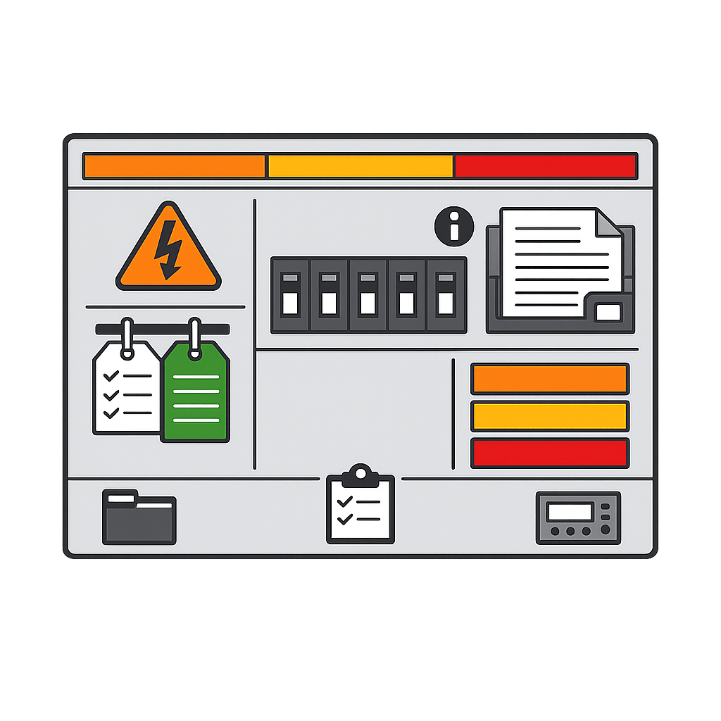 Clear arc-flash safety documentation and labelling system displayed on electrical distribution panel