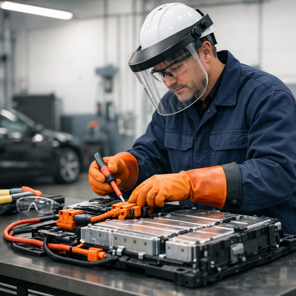 Technician in protective gear performing practical EV battery system safety procedures