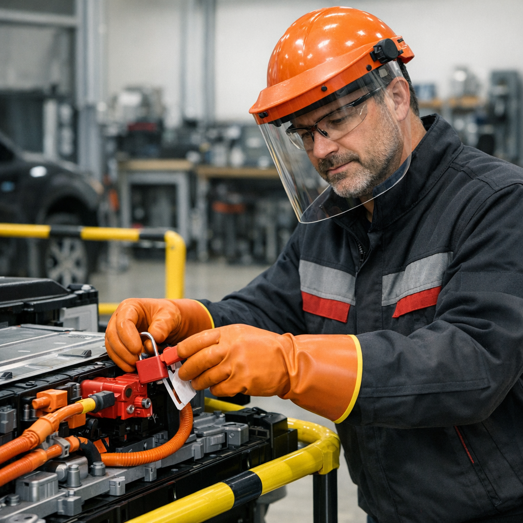Instructor demonstrating high voltage isolation techniques on electric vehicle training equipment