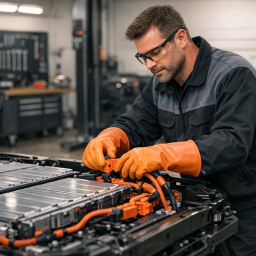 Technician safely working on electric vehicle high voltage battery system during professional training session Technician safely working on electric vehicle high voltage battery system during professional training session