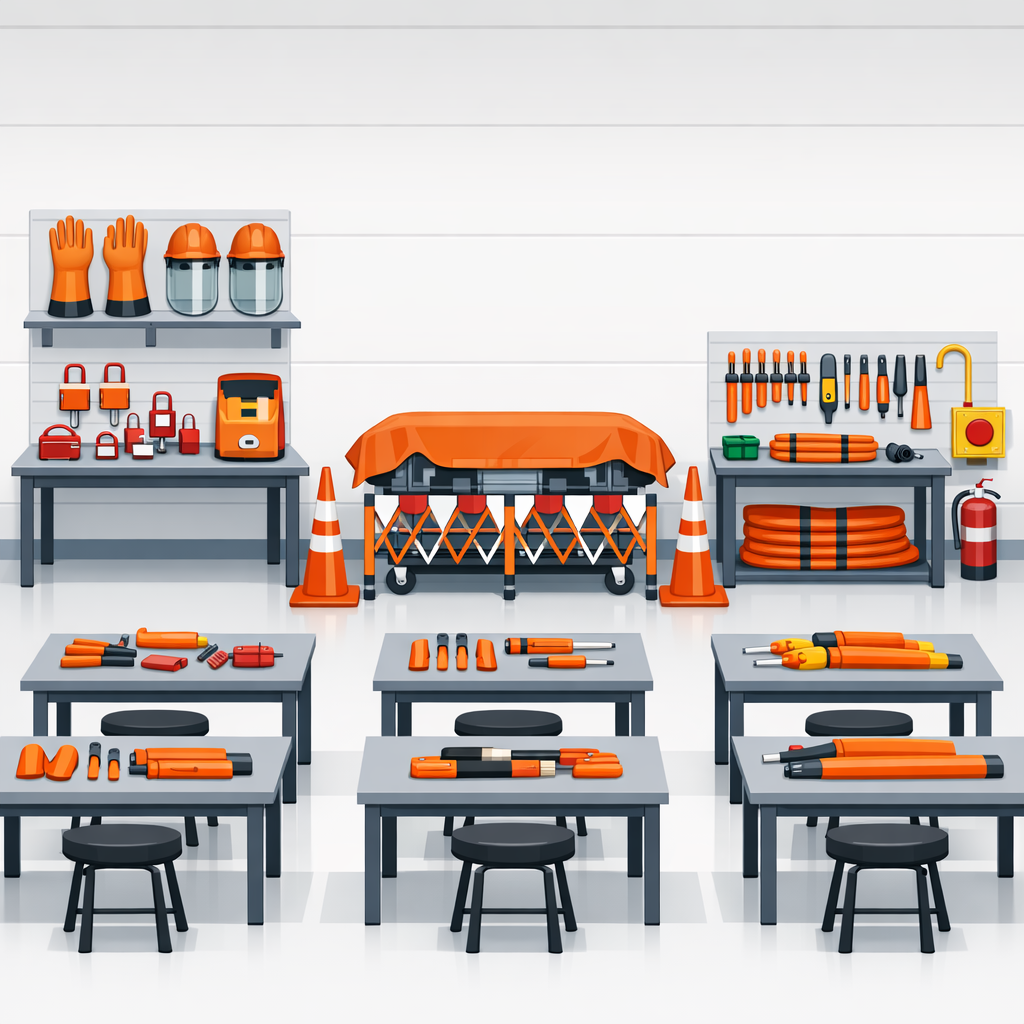 Clean, professional training facility with EV high voltage safety equipment and workstations