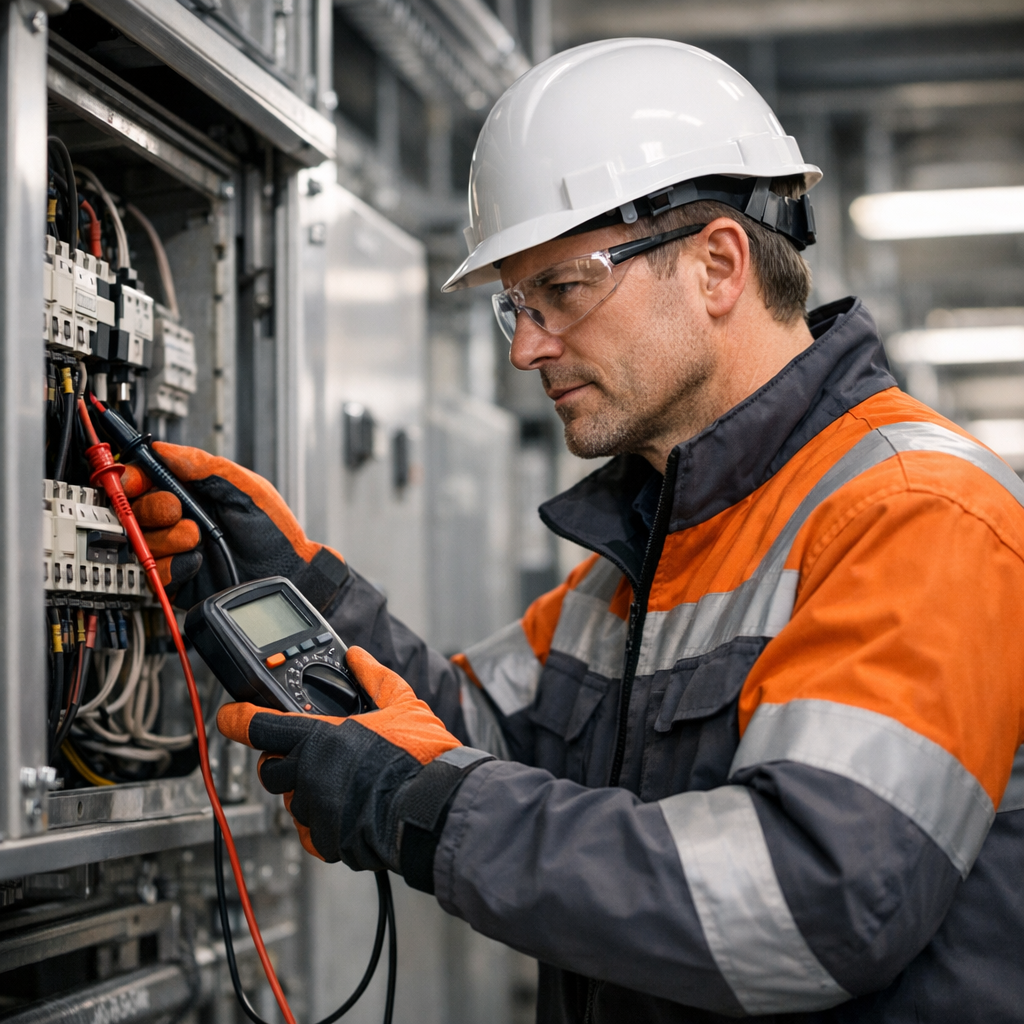 Professional engineer conducting electrical safety assessment with modern testing equipment in industrial setting