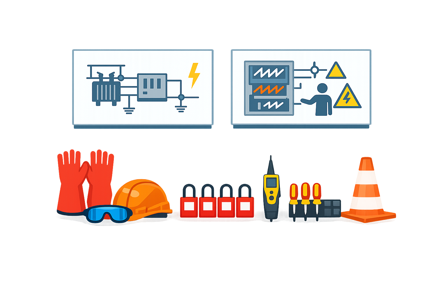 Clean, professional training environment showing electrical safety instruction with clear technical diagrams and safety equipment